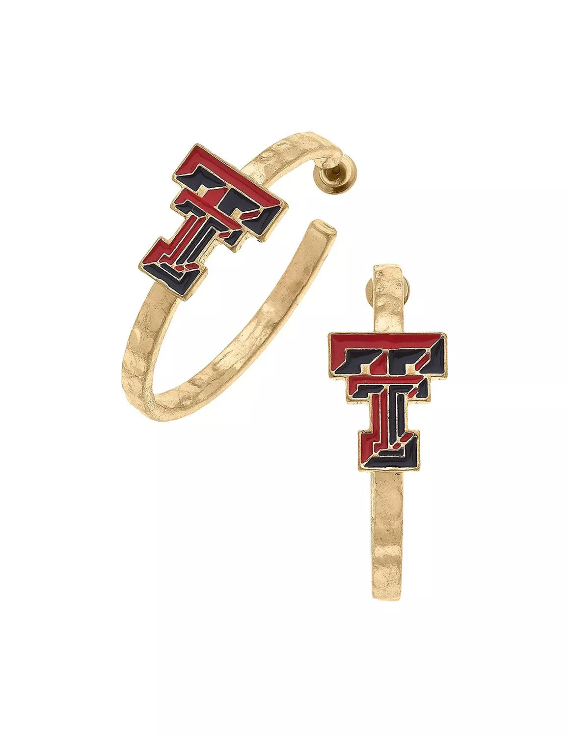 Gold Texas Tech University hoop earrings with a TTU logo on the front. 