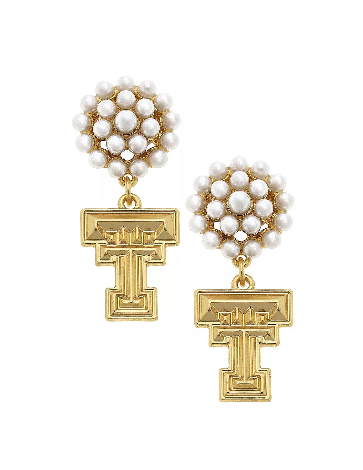 Texas Tech University pearl cluster gold earring with a gold-plated double T logo charm. 