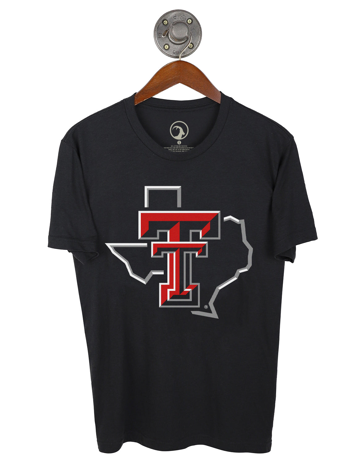 Graphite black unisex Texas Tech University t-shirt that features a large Texas Tech logo in the center. 