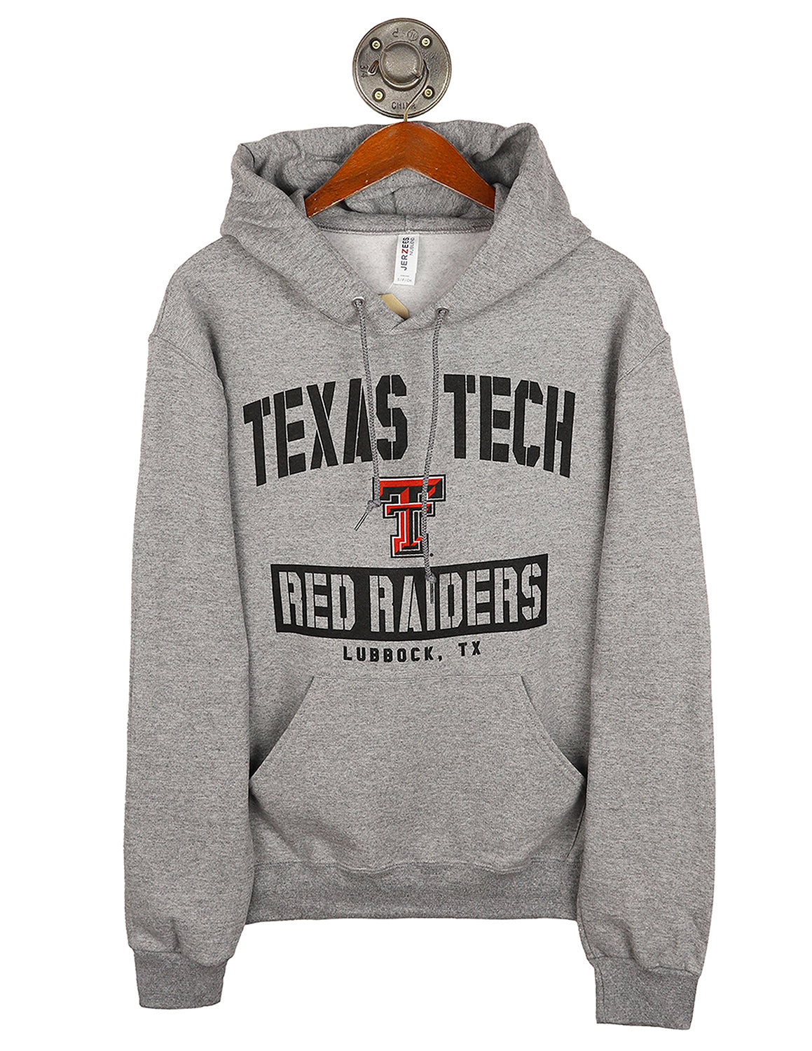 Heather grey Texas Tech University unisex hoodie that features black lettering and a Texas Tech logo in the center. 