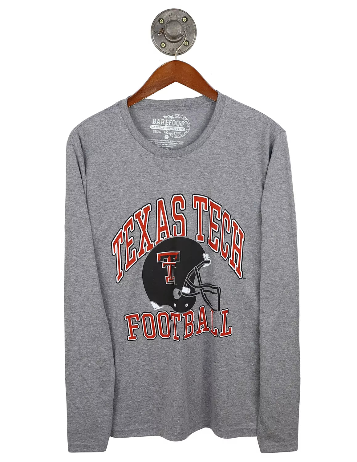 Grey Texas Tech University unisex long-sleeve t-shirt that features a football helmet graphic with the double t logo with red, black, and white lettering. 