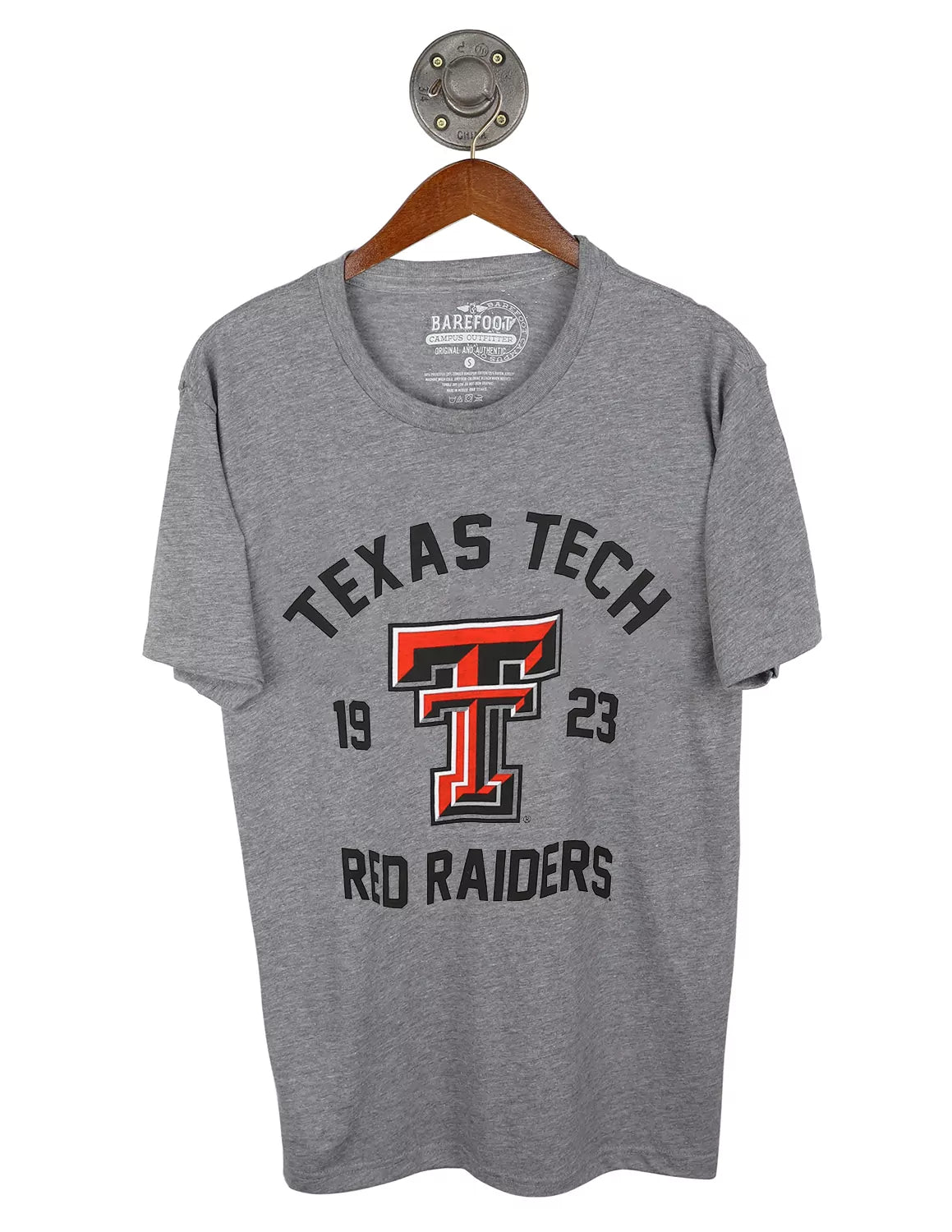Heather grey unisex Texas Tech University t-shirt featuring a Double T logo and black lettering around. 