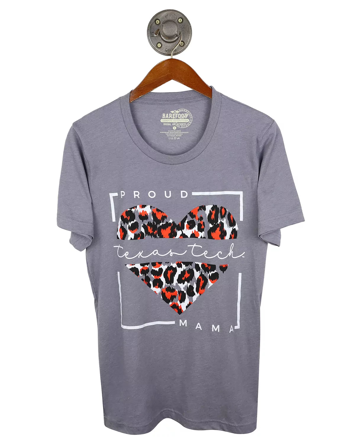 Grey Texas Tech University unisex t-shirt featuring a heart outline with leopard print graphic and "Proud Texas Tech Mom" text. 