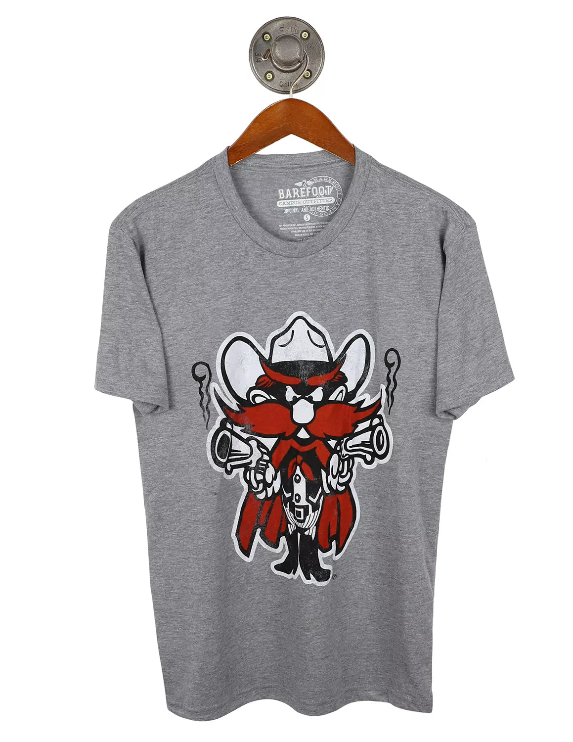 Grey Texas Tech University unisex t-shirt that features a large Raider Red logo on the front.