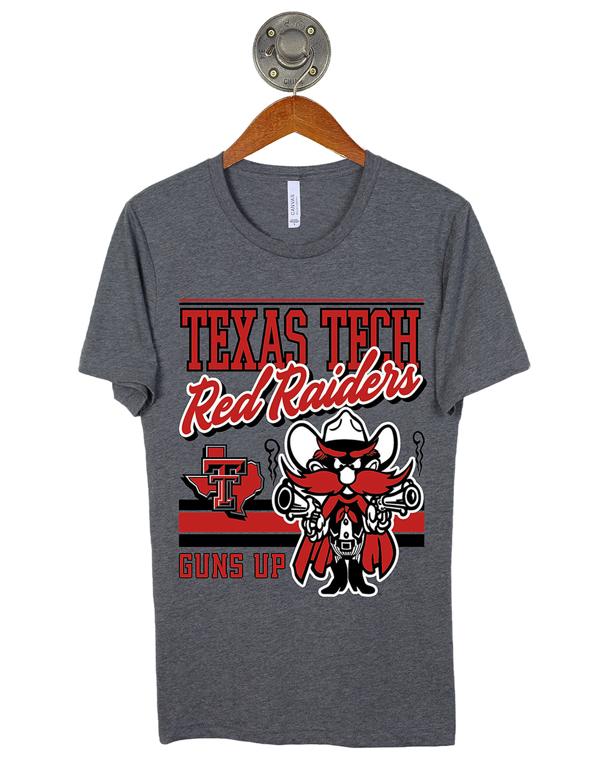 Heather grey Texas Tech University unisex t-shirt that features various Texas Tech graphics with red, black, and white lettering. 