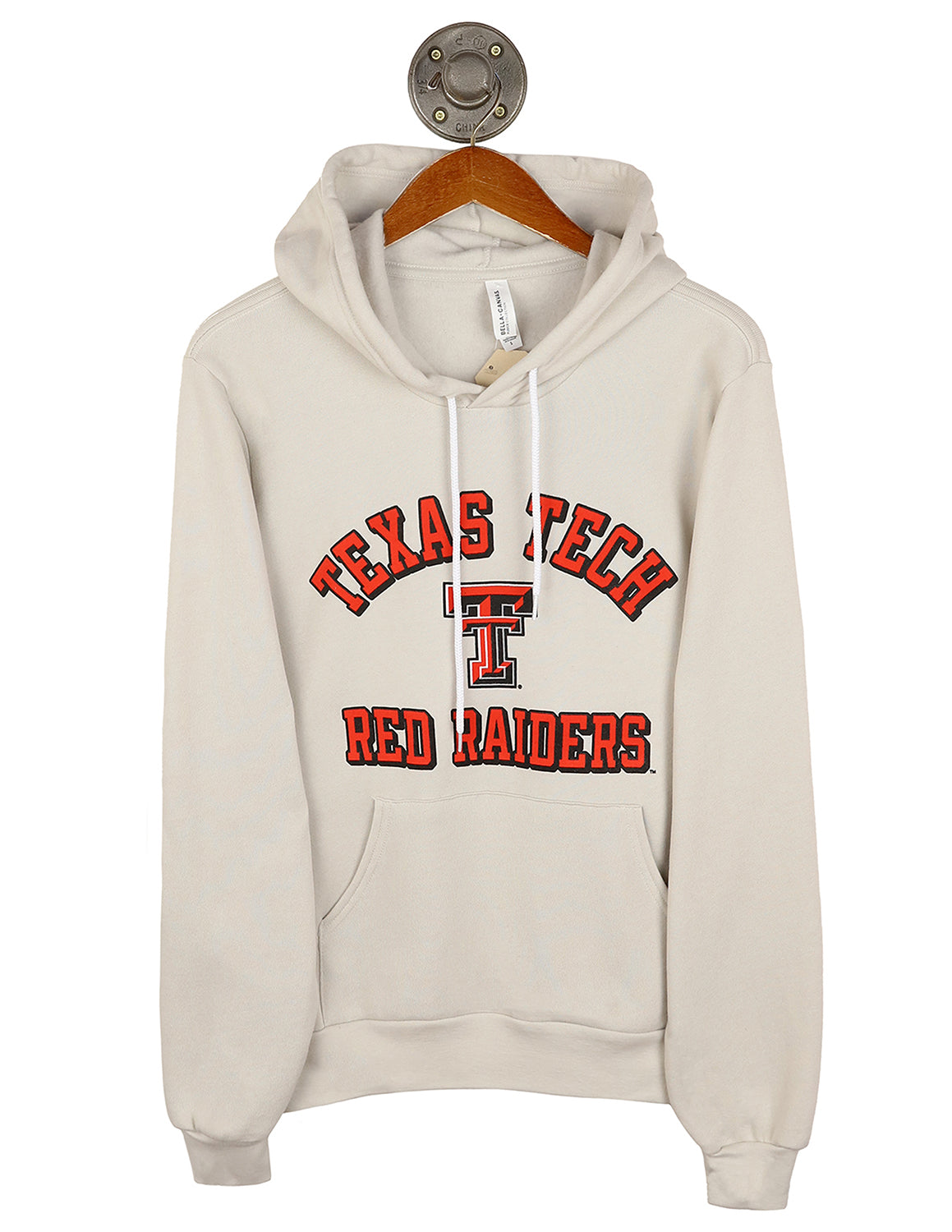 Heather dust Texas Tech University unisex hoodie that features a Texas Tech logo in the middle with red and black lettering. 