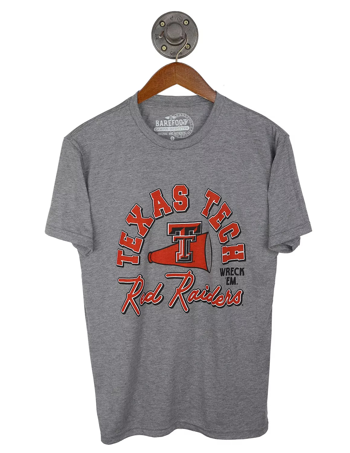 Heather grey Texas Tech University unisex t-shirt that features a mega phone graphic with red and black lettering surrounding. 