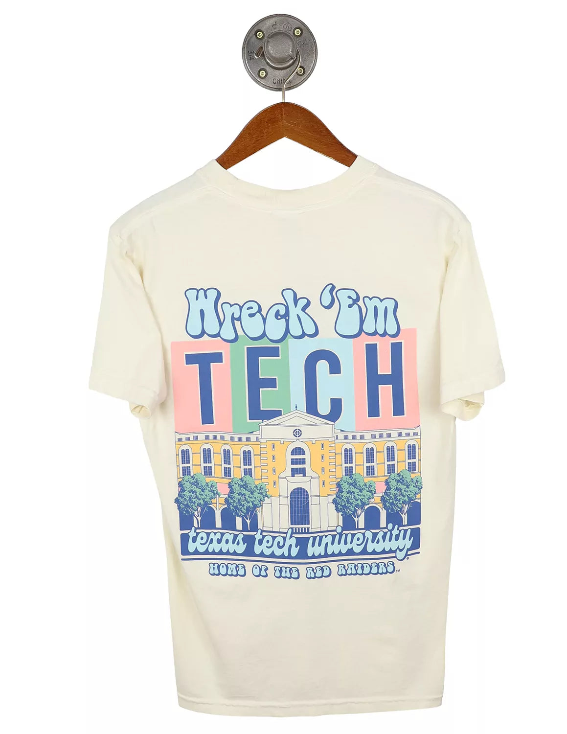 Ivory Texas Tech University Comfort Colors unisex t-shirt featuring a TTU landmark with blue lettering. 