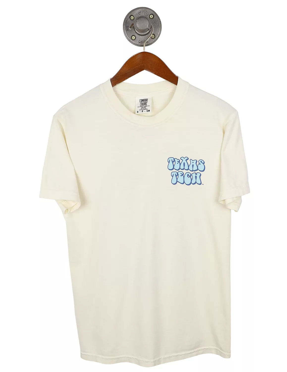 Ivory Texas Tech University Comfort Colors unisex t-shirt with blue lettering on the left chest. 