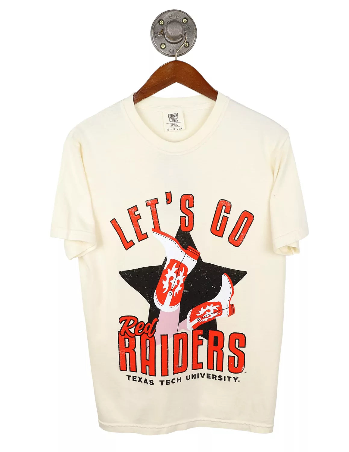 Ivory unisex Texas Tech University Comfort Colors t-shirt that features a cowgirl boots graphic with red and black lettering. 