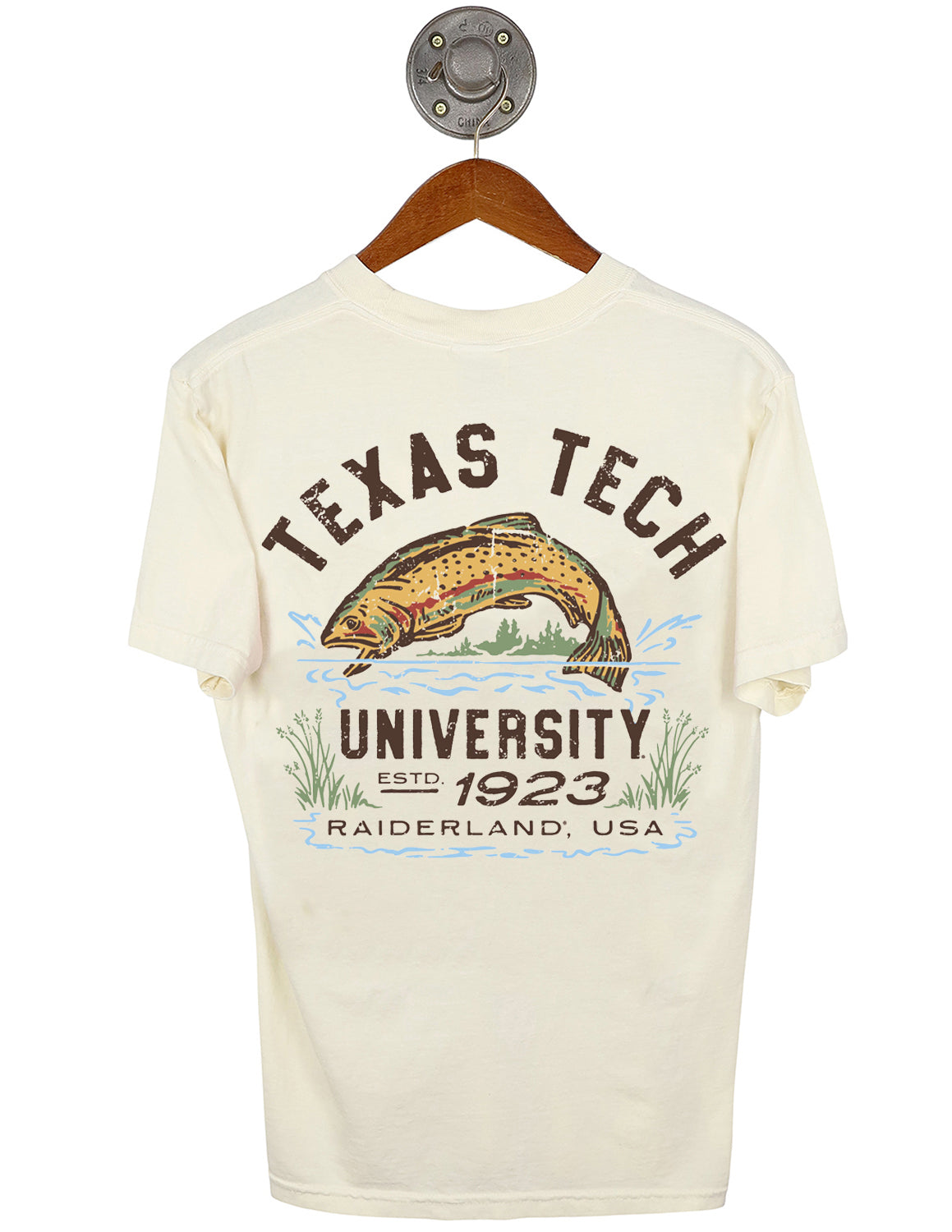 Back-view of ivory Texas Tech University unisex short-sleeve t-shirt that features a fish jumping out of water graphic with brown lettering.
