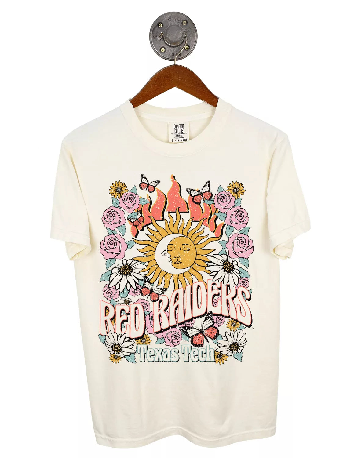 Ivory unisex Texas Tech University Comfort Colors t-shirt that feature a vintage graphic of a sun, butterflies, and floral elements surrounding. 