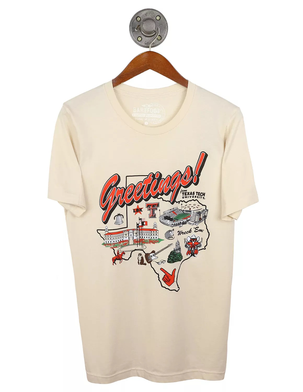 Ivory Texas Tech University unisex t-shirt featuring illustrations of TTU landmarks and mascots with scarlet and black lettering. 