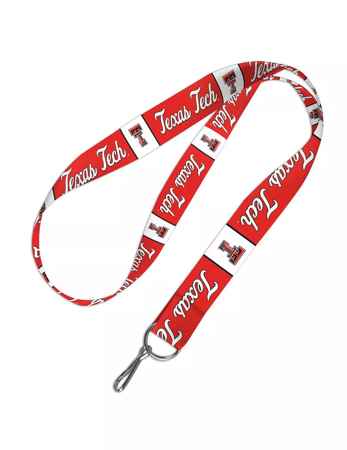 Red, white, and black Texas Tech University lanyard that features a Texas Tech logo and lettering. 