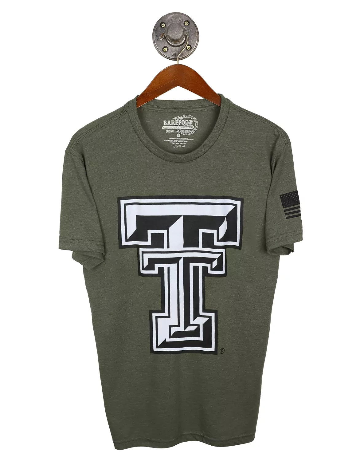 Military green unisex Texas Tech University t-shirt that features a large TTU logo in the center and a flag graphic on the sleeve. 