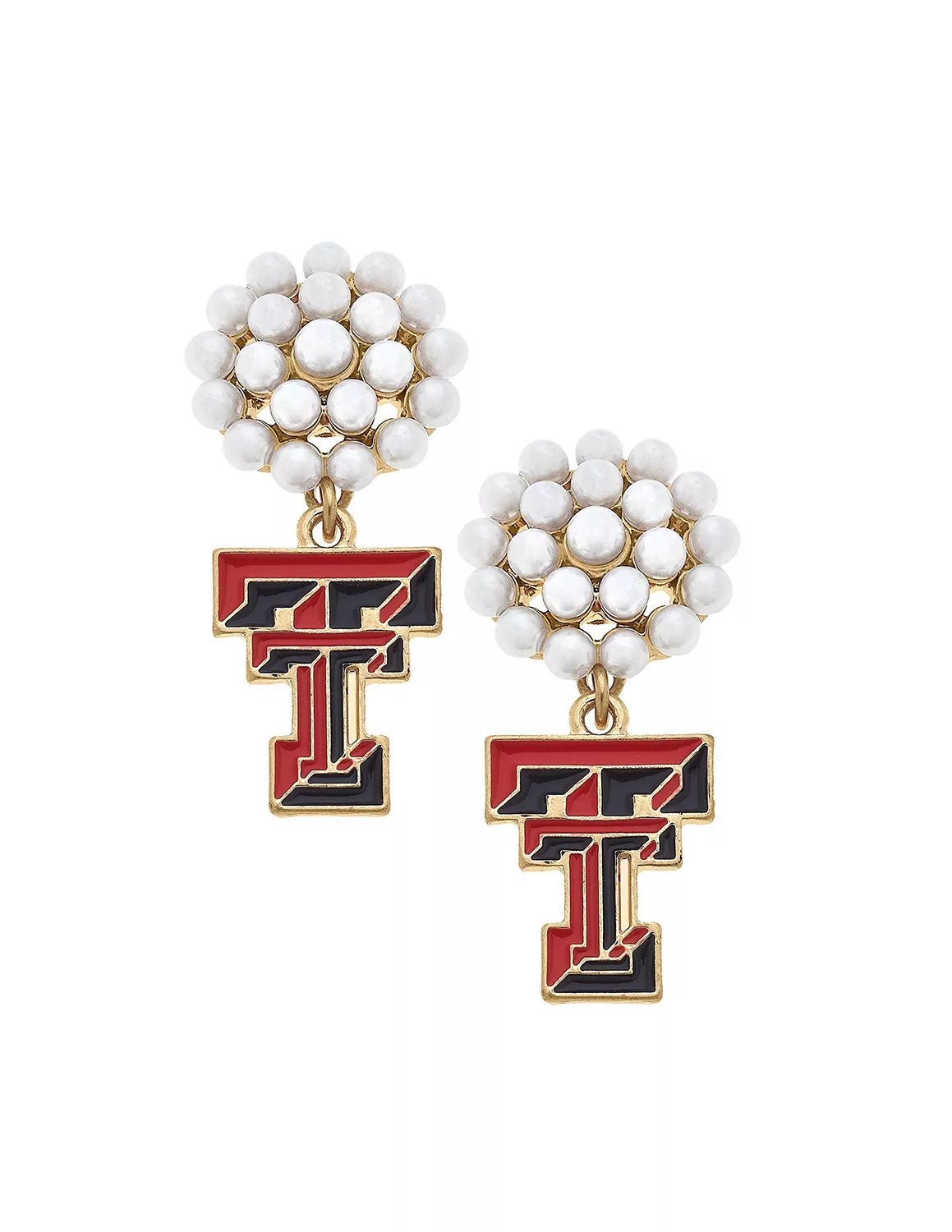 A pair of Texas Tech University gold drop earrings that feature a cluster of pearls at the top with a connected double T logo charm underneath. 