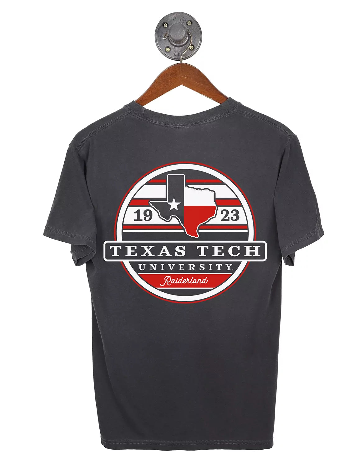Pepper unisex Texas Tech University t-shirt featuring a circular back design with a Texas State outline and white lettering. 