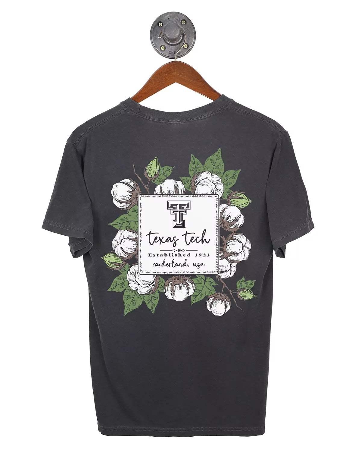 Pepper Texas Tech University Comfort Colors unisex t-shirt with a cotton floral design with the TTU double T logo on the back.