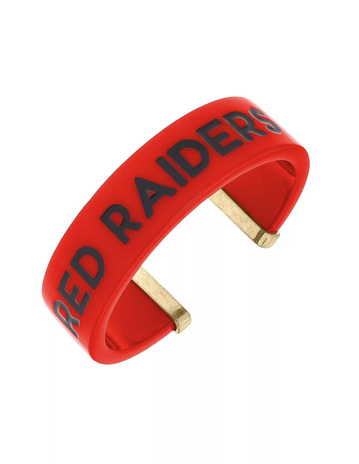 Red Texas Tech University resin cuff bracelet that features black lettering. 