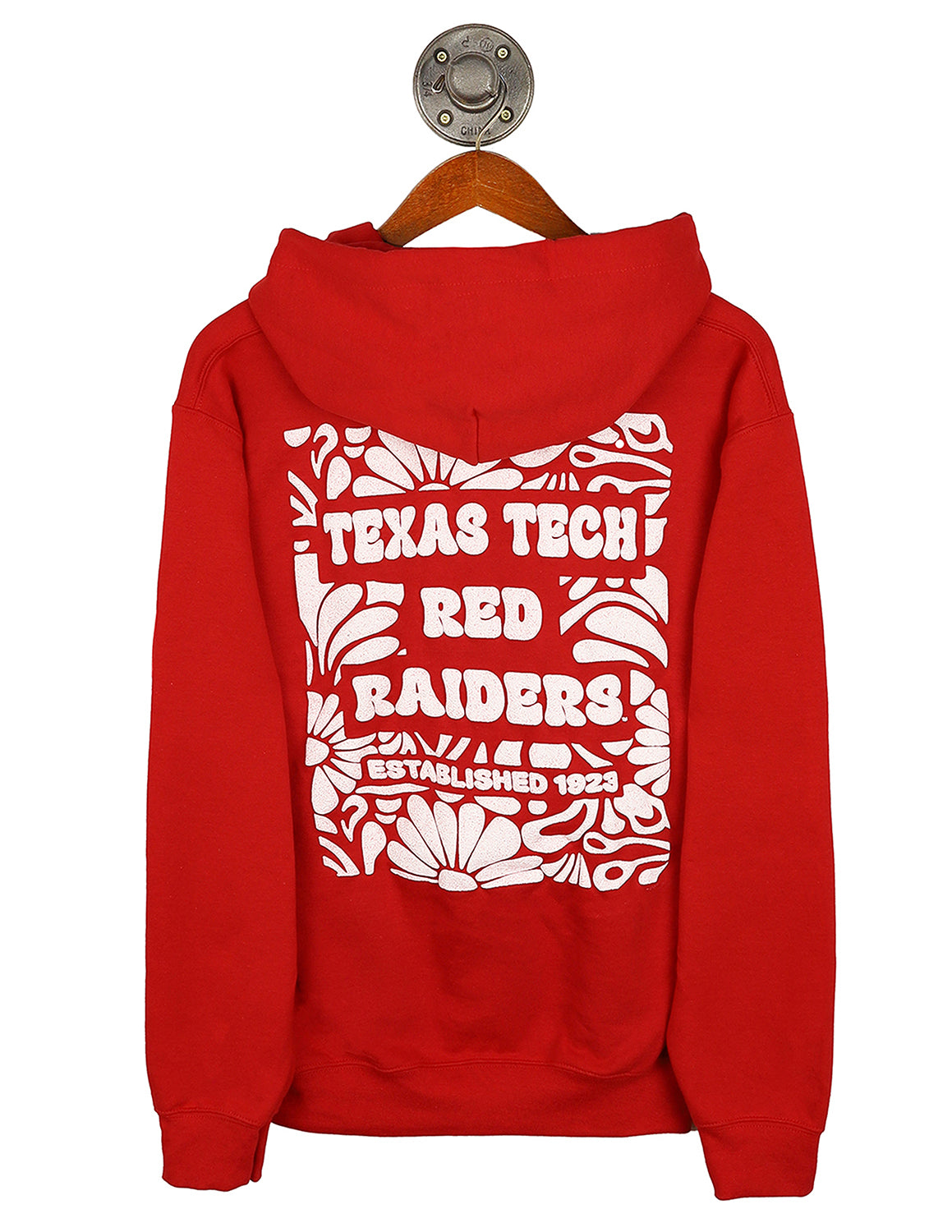 Back-view of red Texas Tech University unisex hoodie that features white "Texas Tech University" text with a white floral design surrounding it.