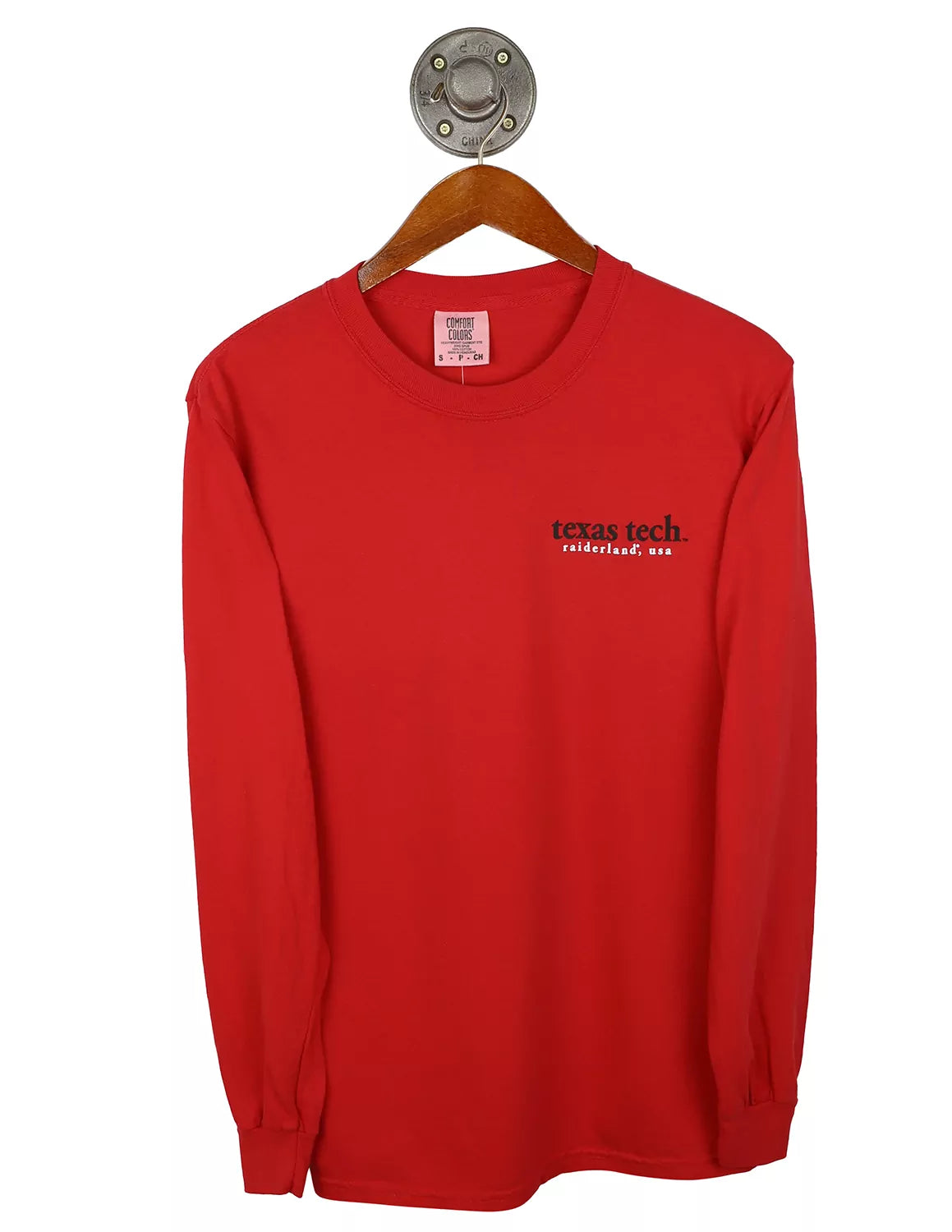 Red Texas Tech University Comfort Colors unisex long-sleeve shirt with black and white lettering on the left chest. 