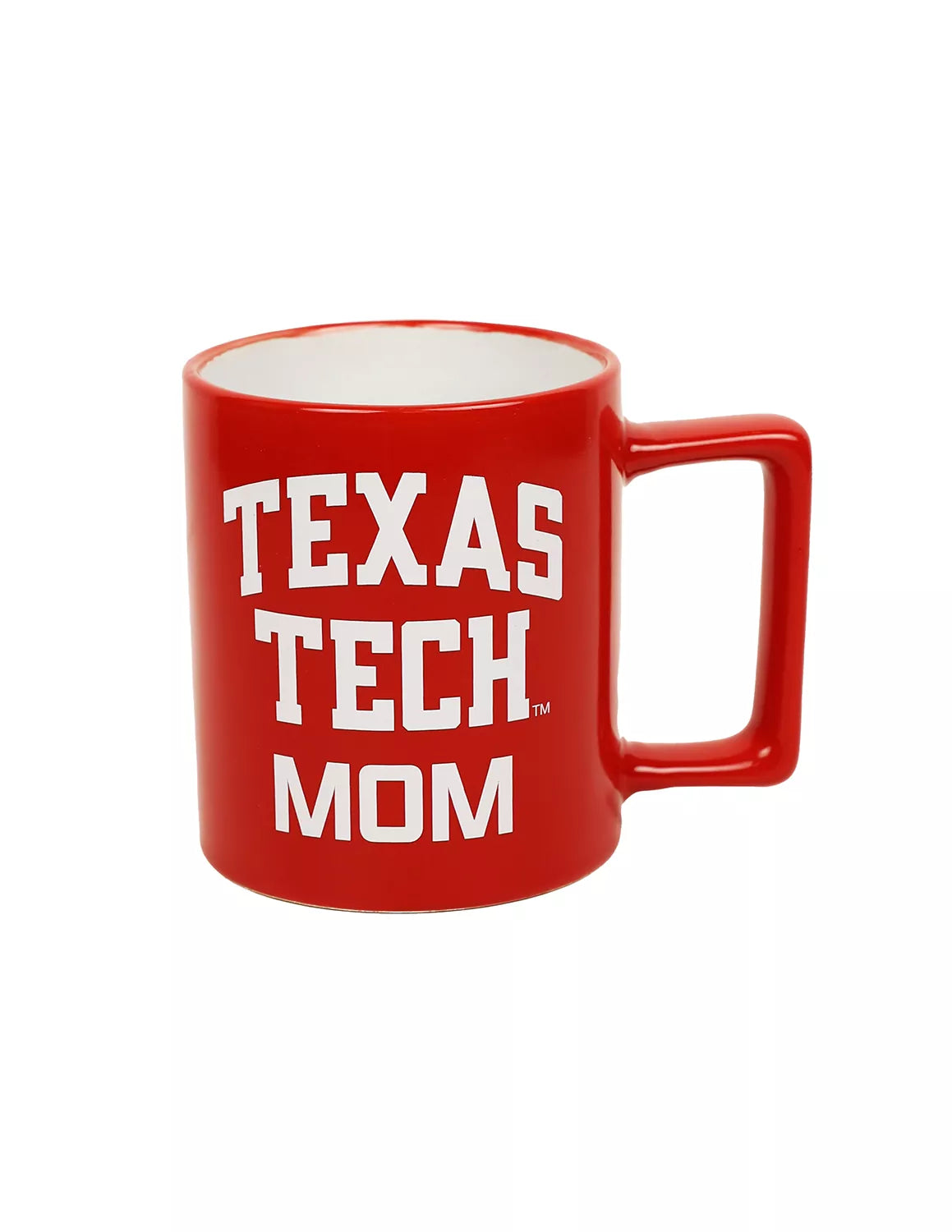 Red Texas Tech University ceramic mug that features "Texas Tech Mom" text with white print. 