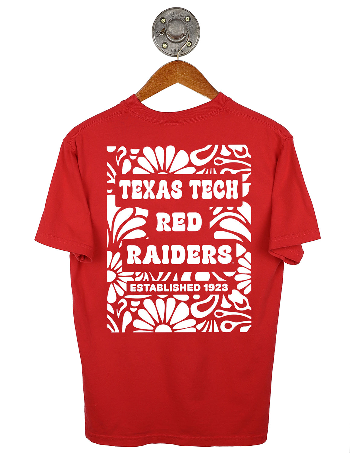 Back-view of red Texas Tech University unisex t-shirt that features white "Texas Tech University" text with a white floral design surrounding it.