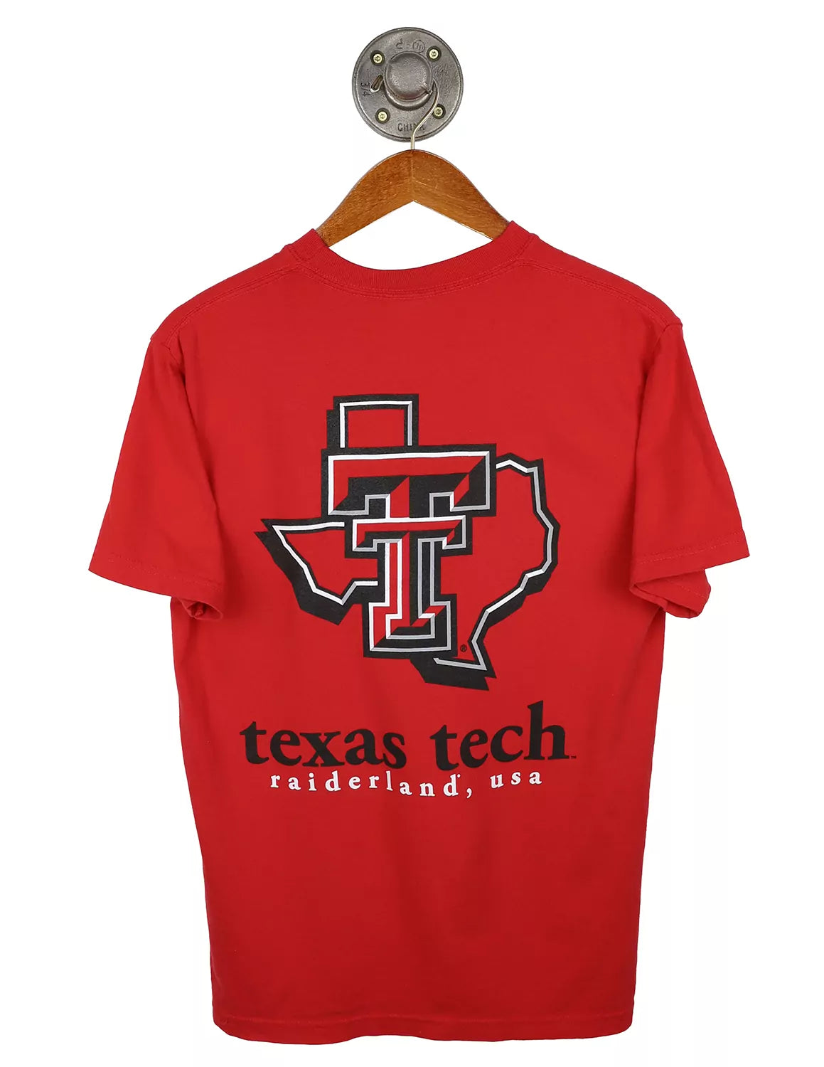 Red Texas Tech University Comfort Colors unisex t-shirt featuring the TTU double T Texas logo with black and white lettering on the back. 