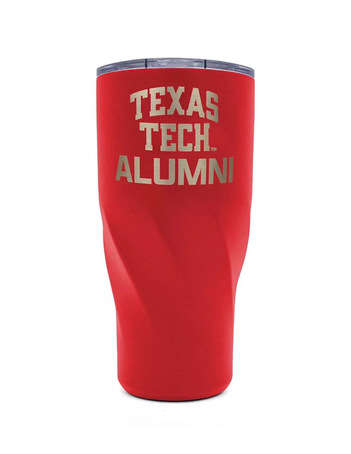 Red Texas Tech University tumbler that features an engraved "Texas Tech Alumni" text. 