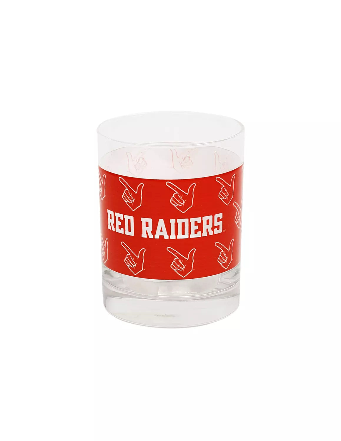 Texas Tech University rocks glass that features a red double-sided Red Raiders design.