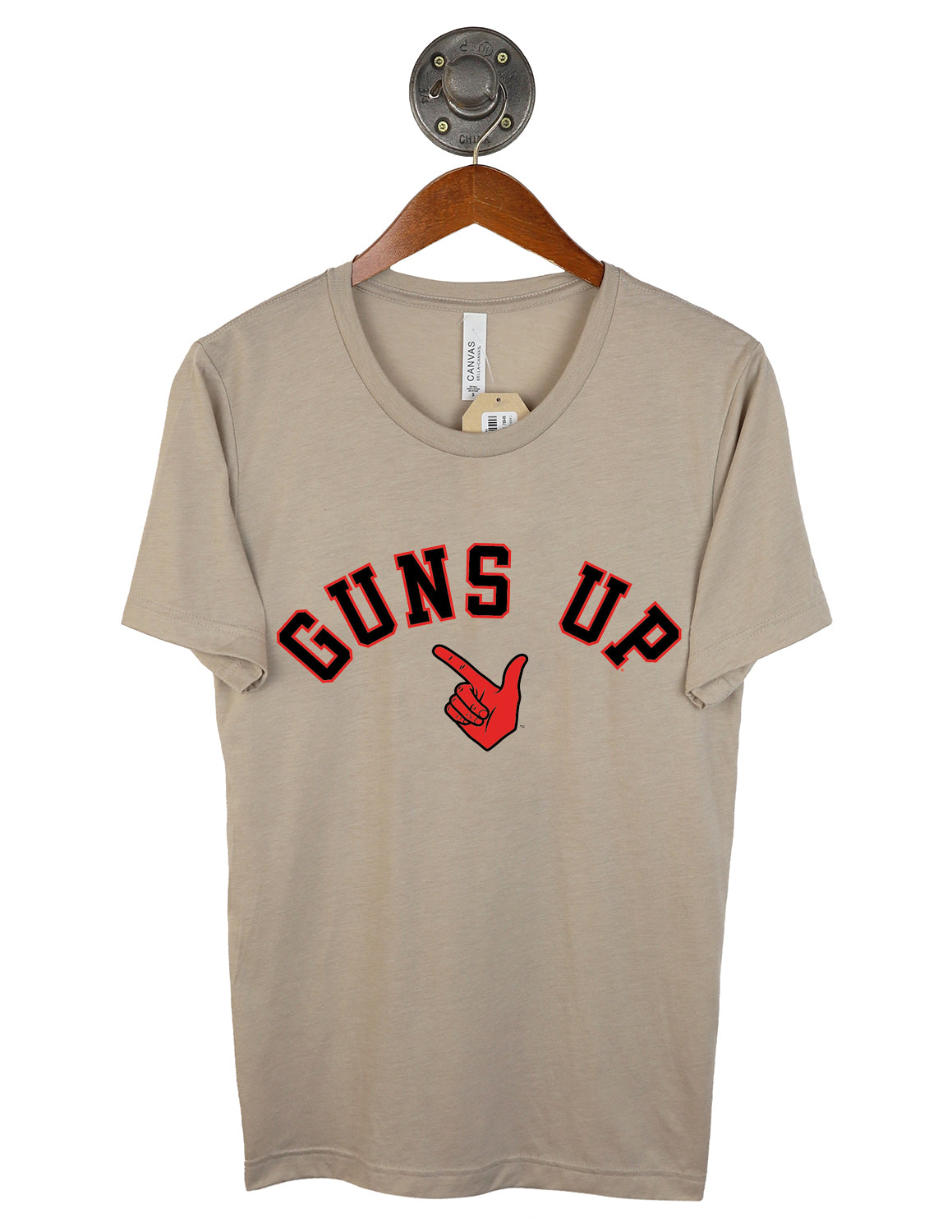 Tan Texas Tech University unisex short-sleeve t-shirt that features red and black "Guns Up" lettering and a TTU Guns Up logo underneath. 