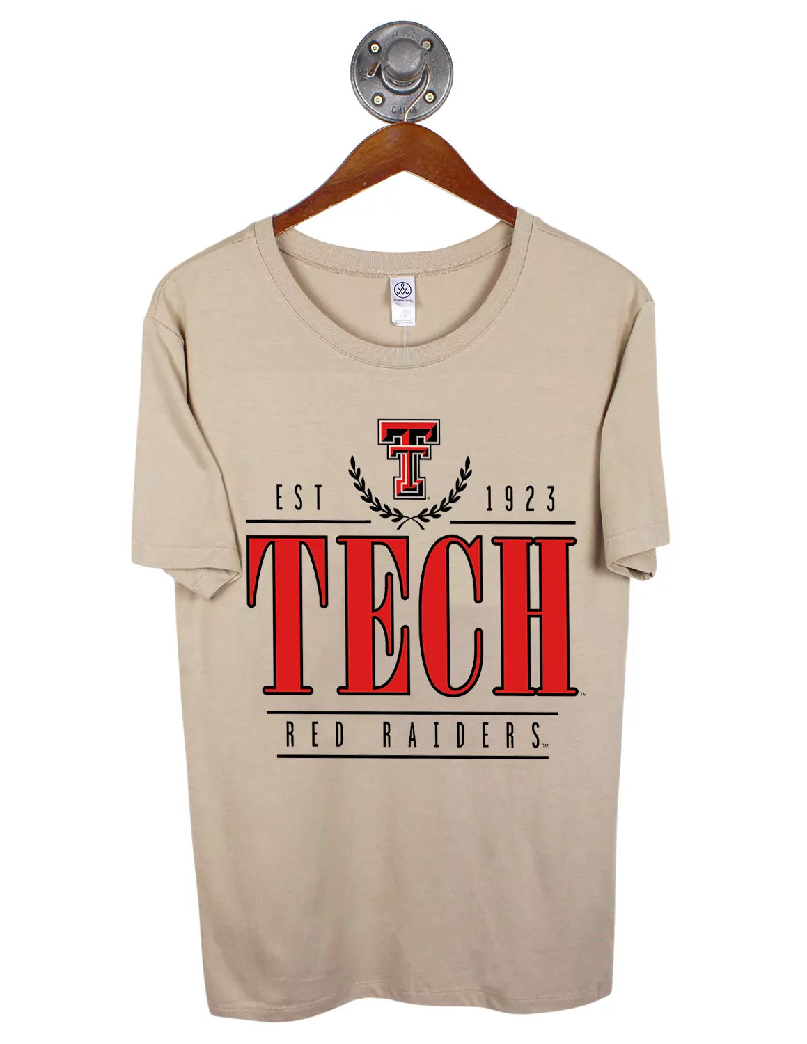 Tan Texas Tech University unisex t-shirt featuring a double T logo with black and red lettering. 