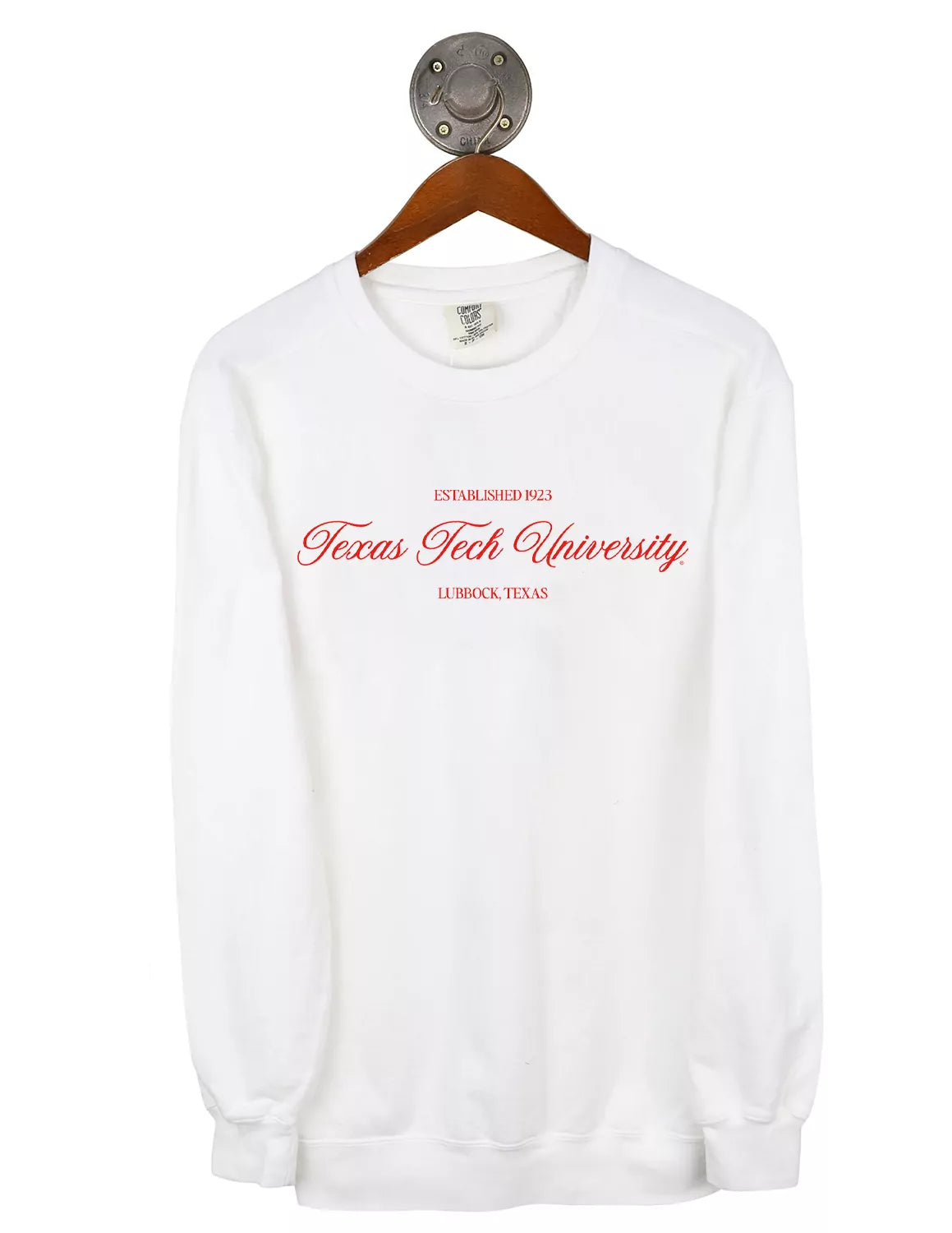 White Texas Tech University Comfort Colors unisex crewneck sweatshirt with red lettering. 
