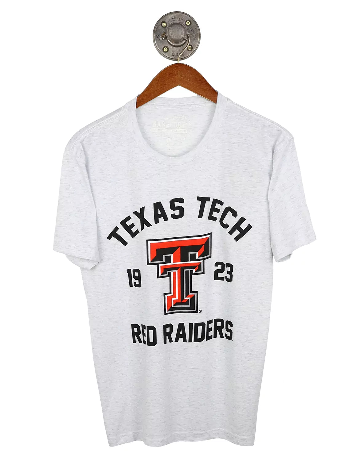 White heather Texas Tech University unisex t-shirt featuring a double t logo and black lettering around. 