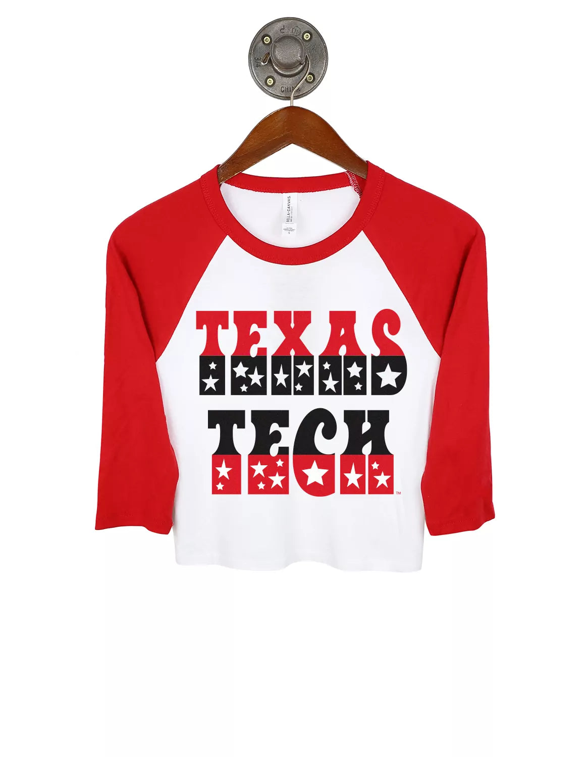 White and red Texas Tech University fitted crop raglan tee that features quarter length sleeves and a TTU star print on the front. 