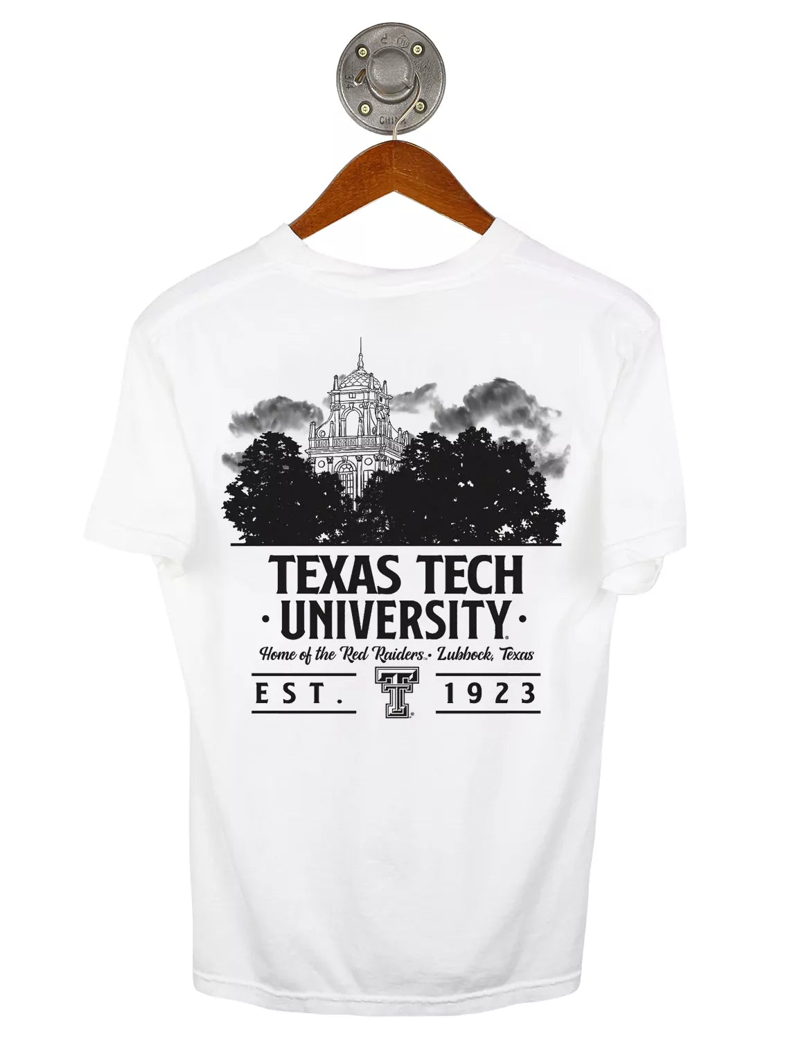White Texas Tech University Comfort Colors unisex t-shirt featuring a TTU landmark with black lettering. 