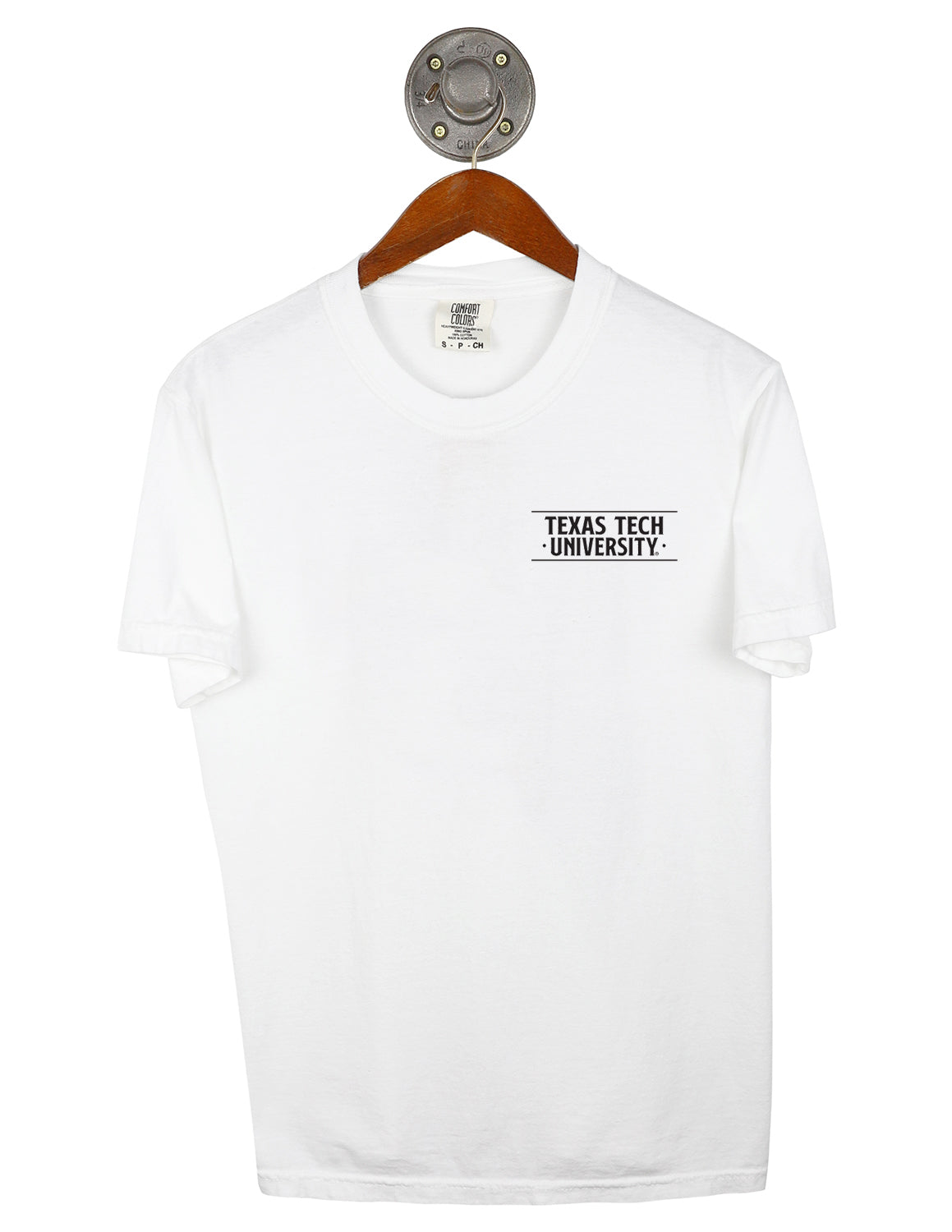 White Texas Tech University Comfort Colors unisex t-shirt with black lettering on the left chest. 