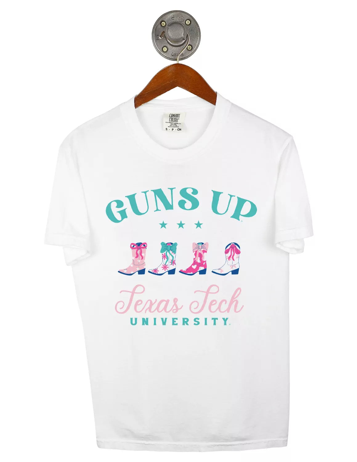 White Texas Tech University Comfort Colors unisex t-shirt featuring a colorful cowgirl boots graphic with blue and pink lettering. 