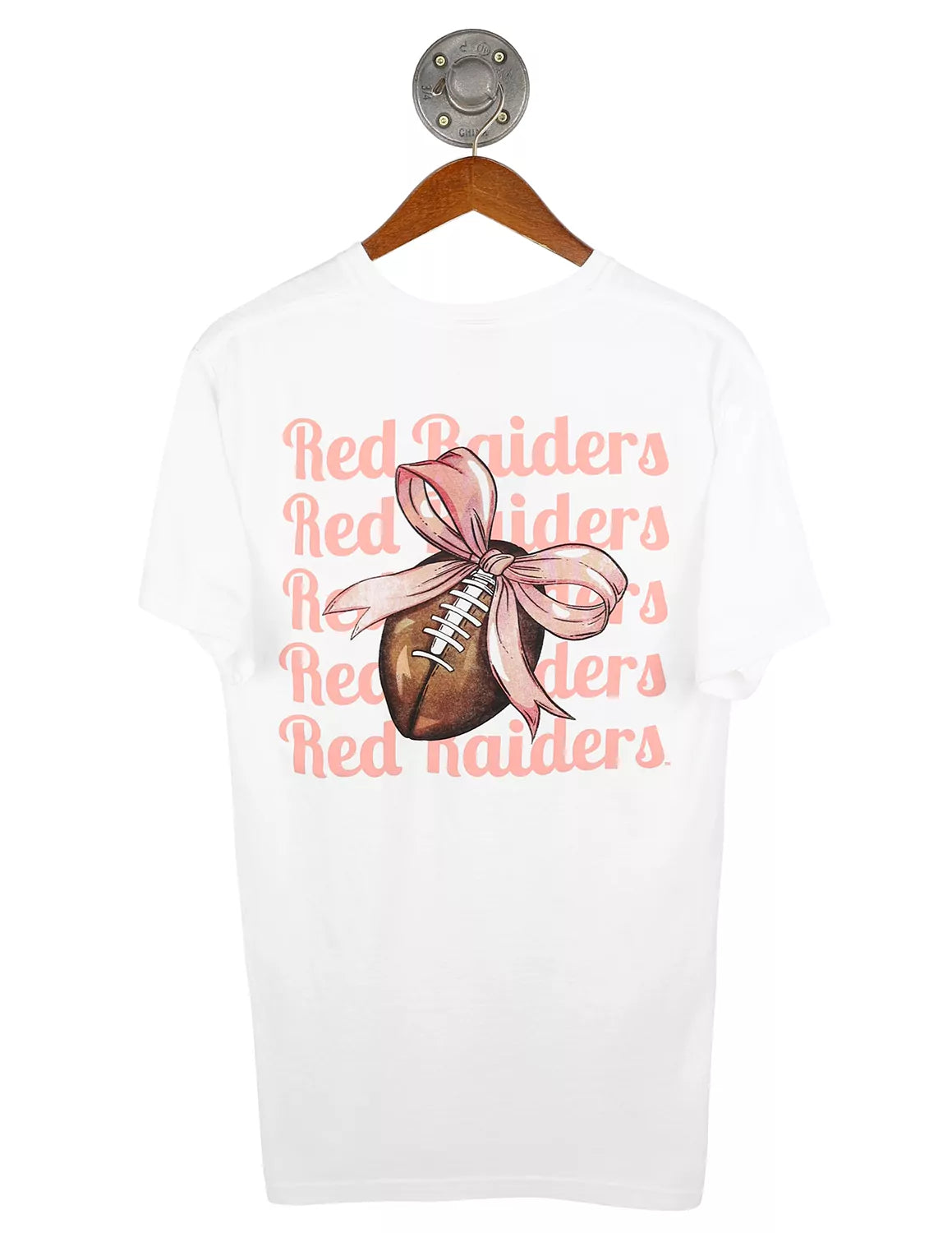 White Texas Tech University t-shirt featuring a stacked "Red Raiders" pink text with a brown football tied with a bow graphic in the middle. 