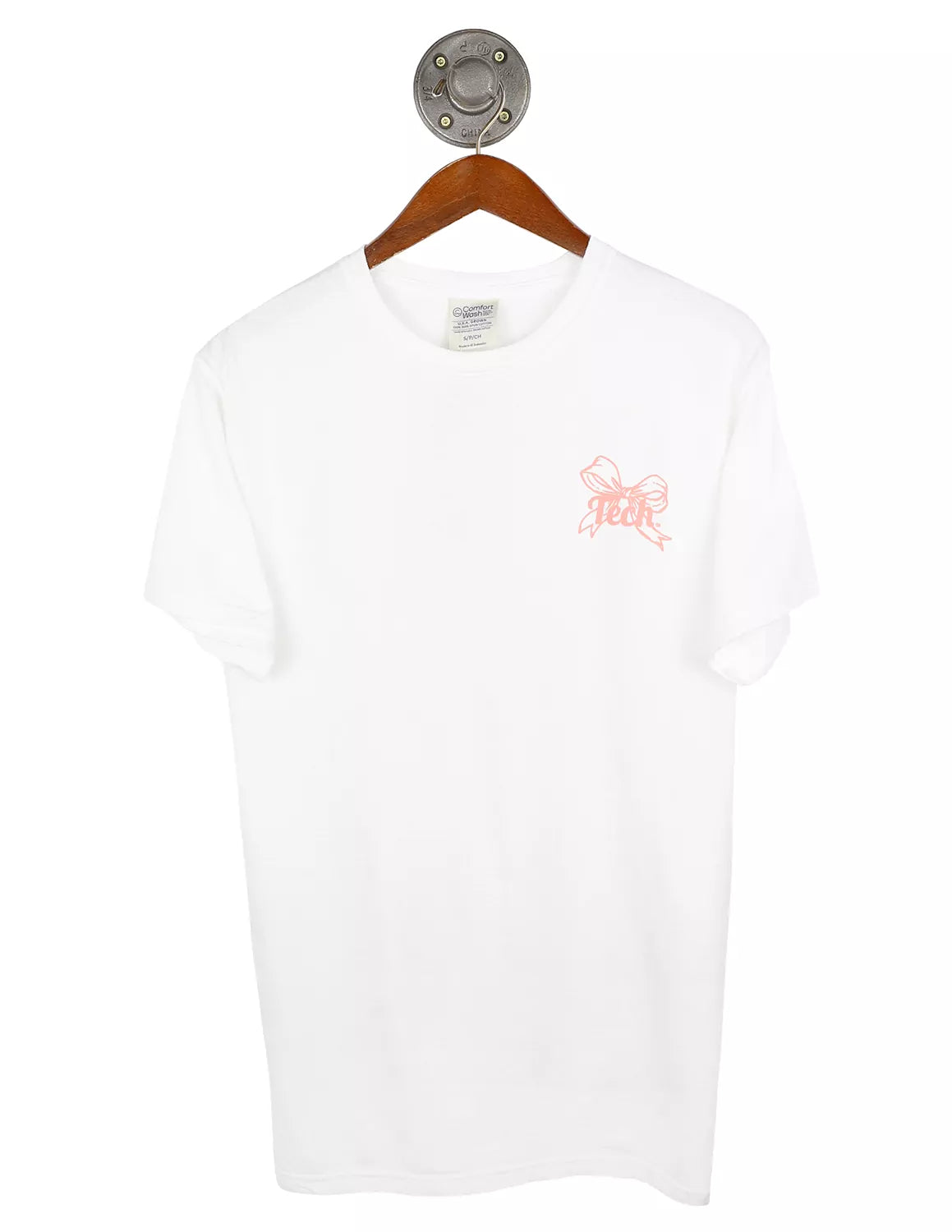 White Texas Tech University t-shirt featuring a pink bow and lettering on the left chest on the front. 
