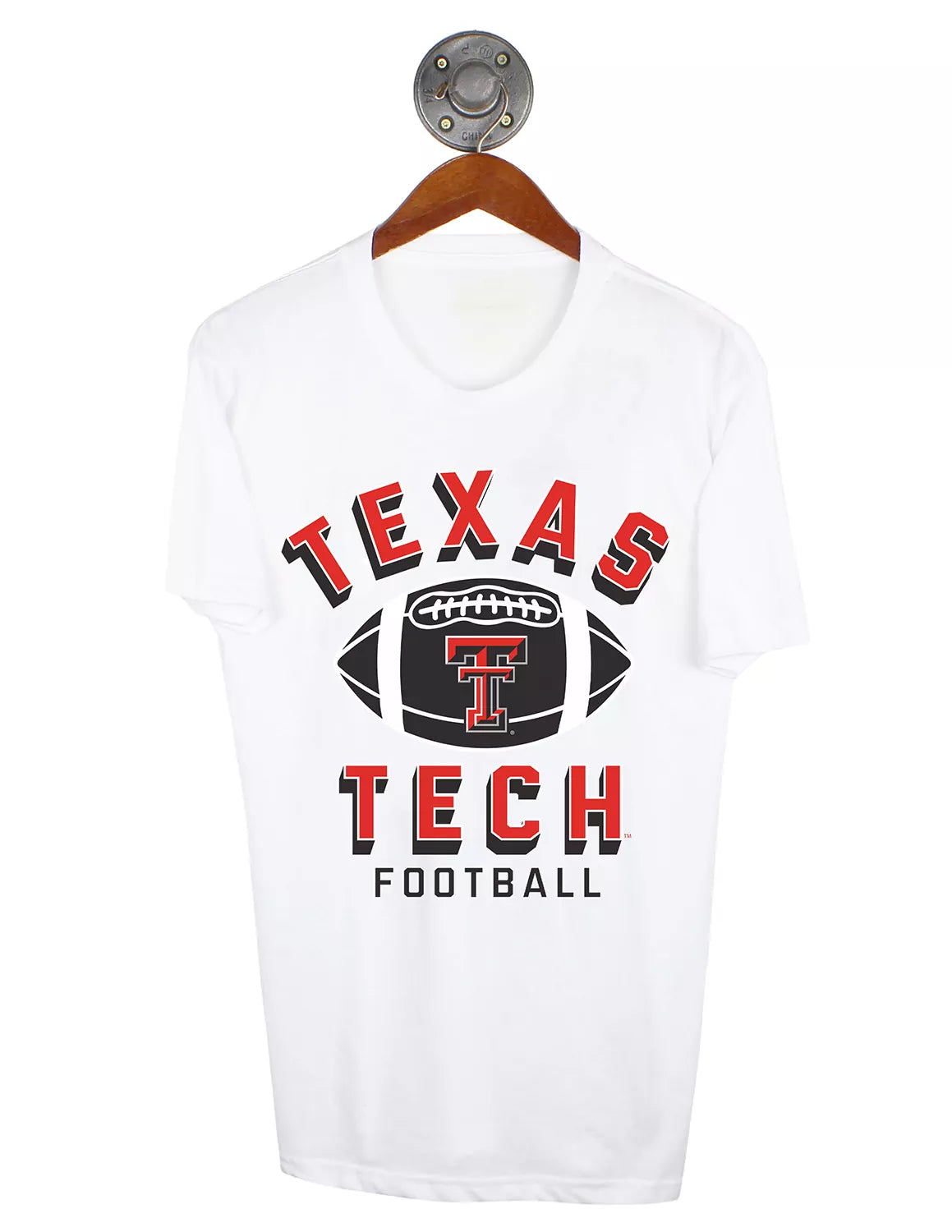 White Texas Tech University unisex t-shirt with a football graphic with the double T logo and lettering in red and black.