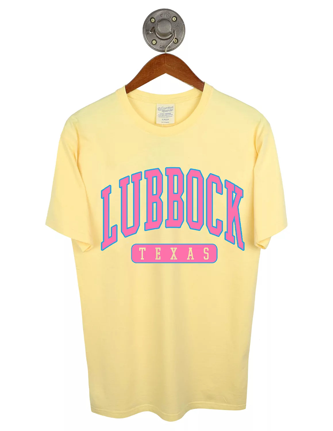 Yellow Texas Tech University unisex short-sleeve t-shirt with pink and blue lettering. 
