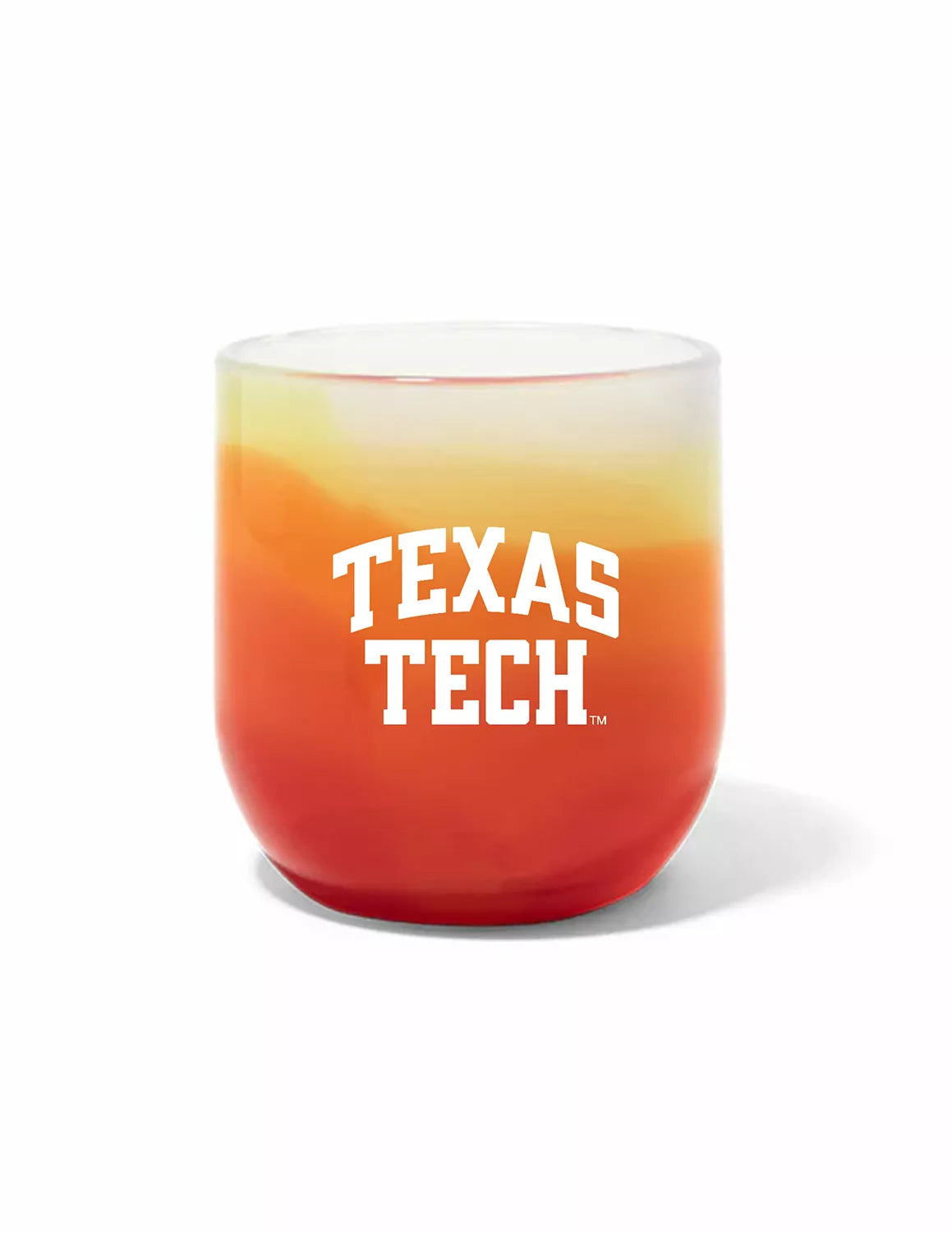 Orange ombre Texas Tech University silicone wine glass that features "Texas Tech" text with white print. 