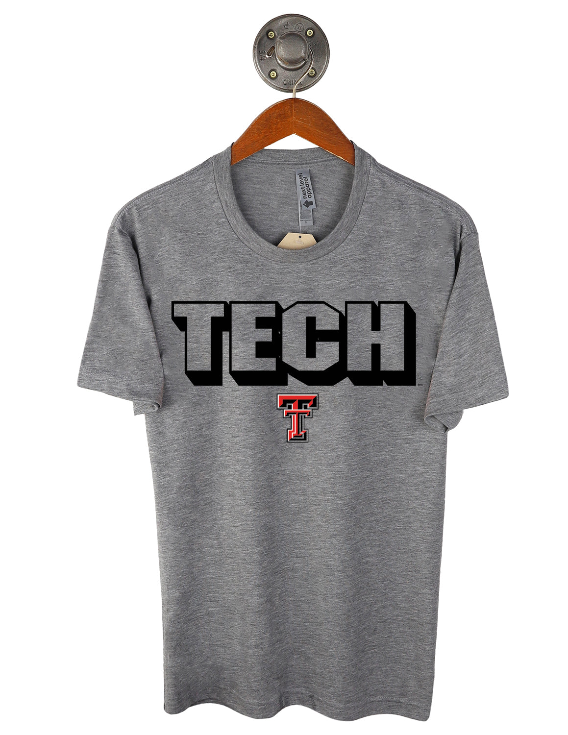 Heather grey Texas Tech University unisex short-sleeve t-shirt that features black "TECH" block lettering and a TTU logo underneath. 