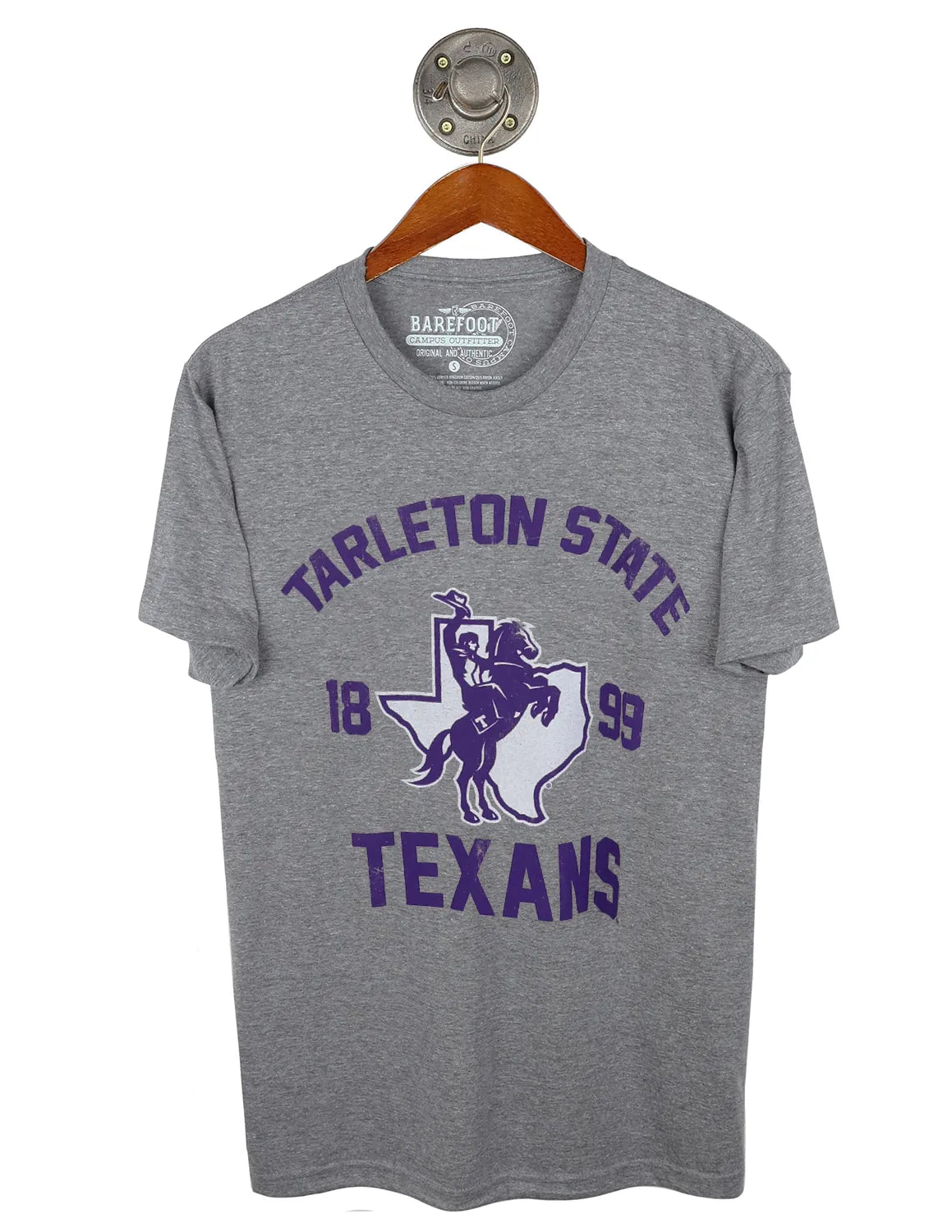 Heather grey Tarleton State University unisex t-shirt featuring a Texan Rider logo and purple lettering around. 