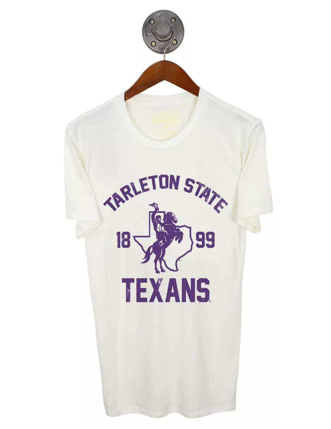 Ivory Tarleton State University unisex short-sleeve t-shirt featuring a Texan Rider logo and purple lettering. 