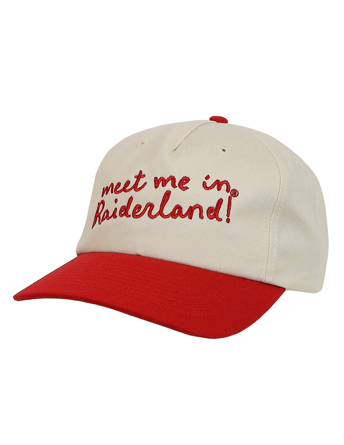 Cream and red Raiderland unisex trucker hat that features red stitching. 