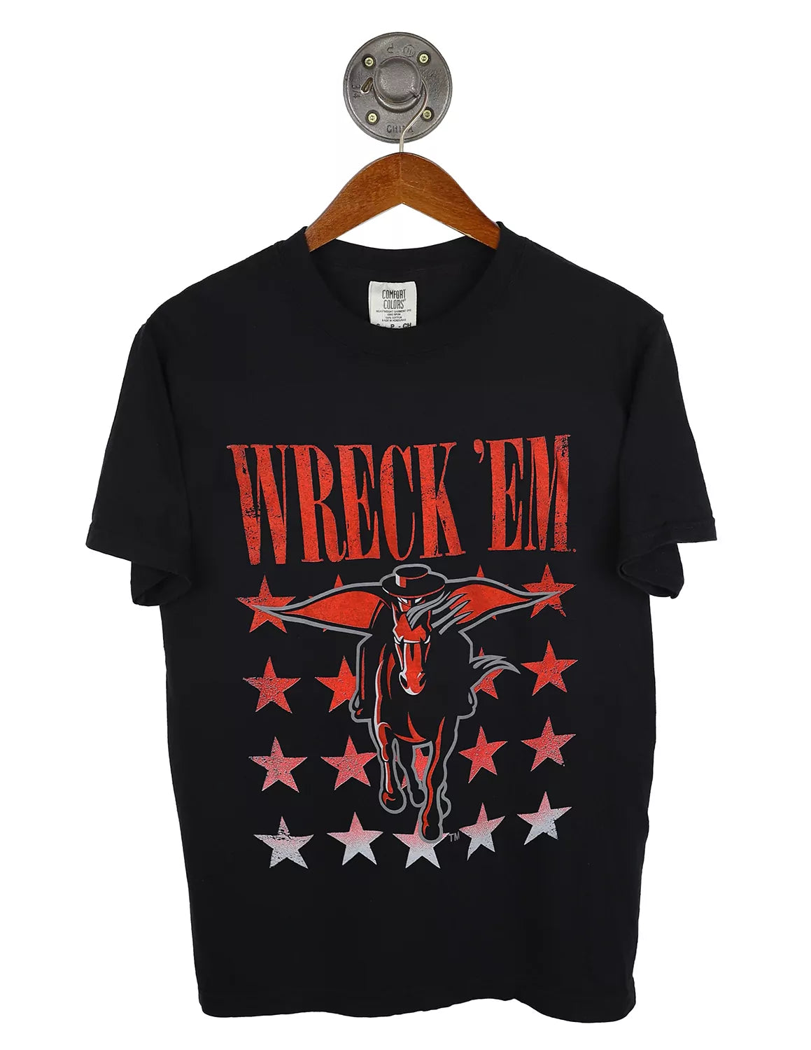 Black Texas Tech University Comfort Colors unisex t-shirt featuring the TTU Horseback Mascot in front of a star background with red lettering. 