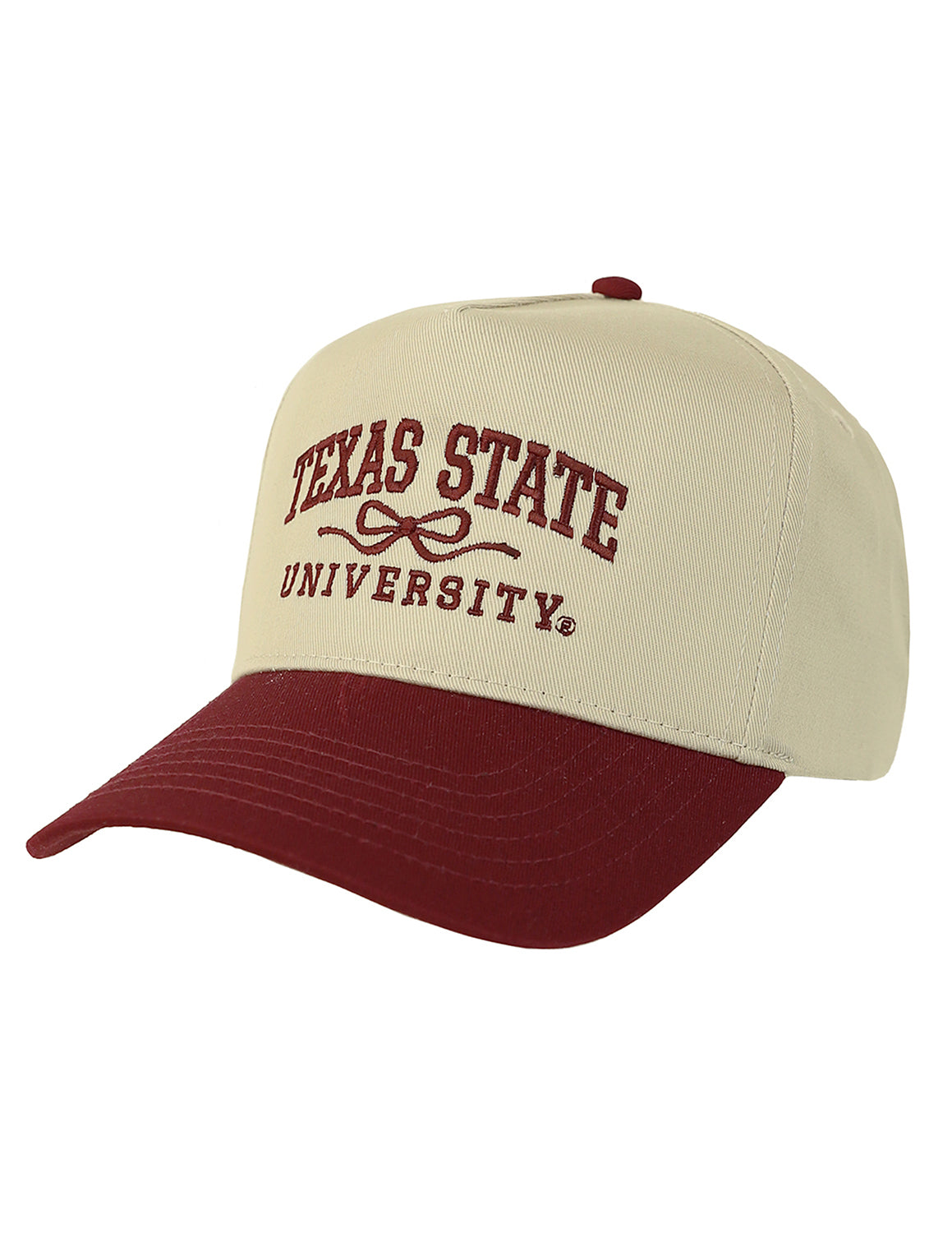 Khaki Texas State University unisex hat that features a maroon brim and maroon embroidery lettering with a bow graphic.