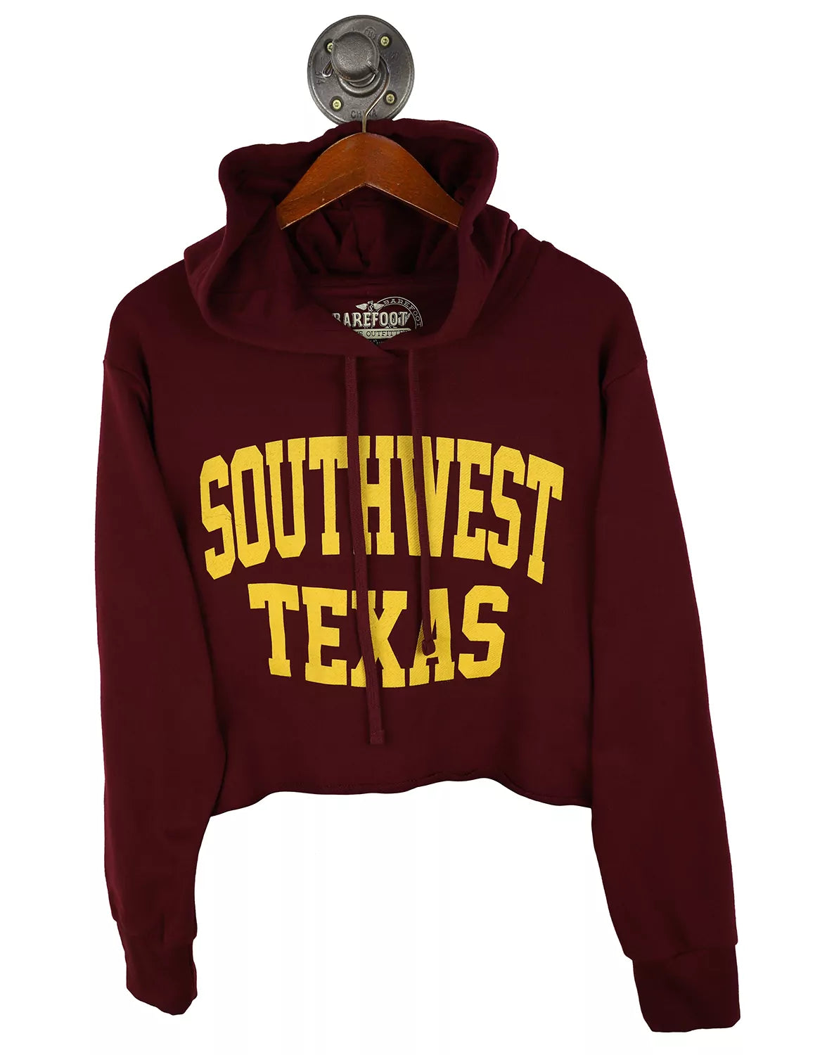 Maroon Texas State University women's cropped hoodie with gold lettering. 